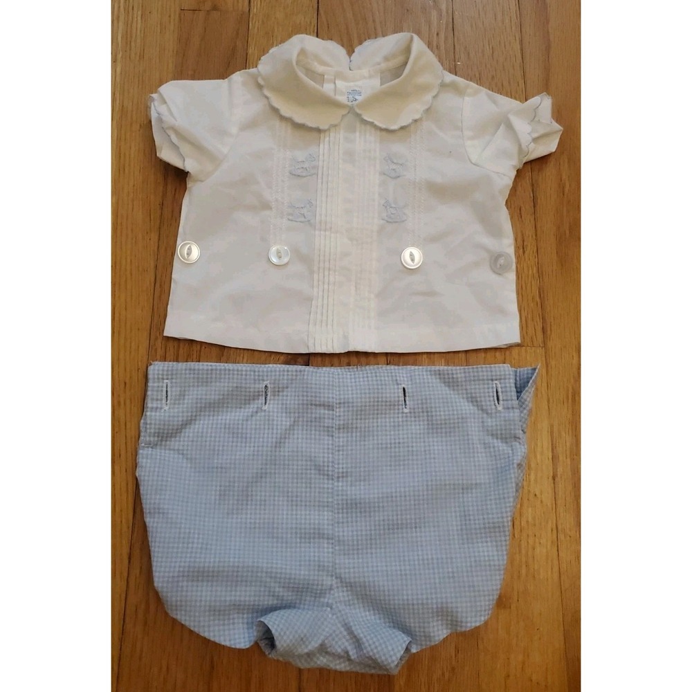 Vtg Infant Diaper Shirt White w Blue Embroidery 0-3 Months‎ Gingham Diaper Cover
